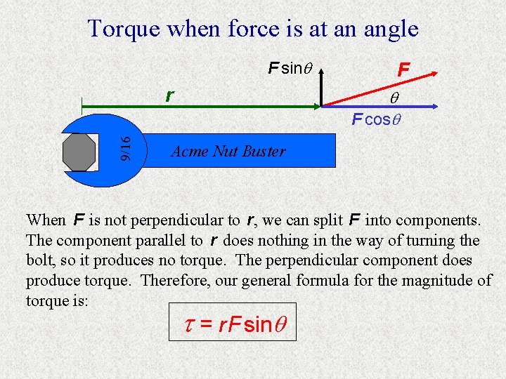 Torque when force is at an angle F sin 9/16 r F F cos