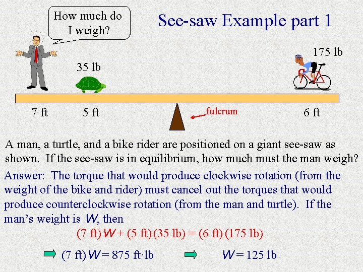 How much do I weigh? See-saw Example part 1 175 lb 35 lb 7