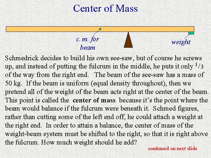 Center of Mass c. m. for beam weight Schmedrick decides to build his own