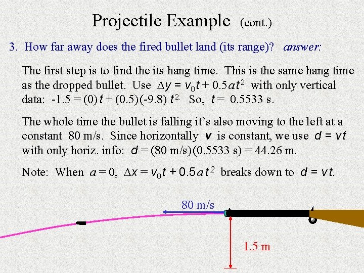 Projectile Example (cont. ) 3. How far away does the fired bullet land (its