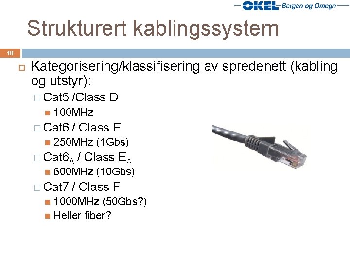 Strukturert kablingssystem 10 Kategorisering/klassifisering av spredenett (kabling og utstyr): � Cat 5 100 MHz