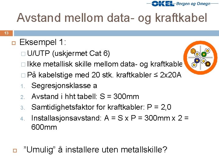 Avstand mellom data- og kraftkabel 13 Eksempel 1: � U/UTP (uskjermet Cat 6) �