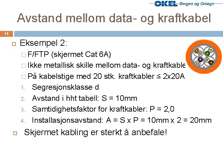 Avstand mellom data- og kraftkabel 14 Eksempel 2: � F/FTP (skjermet Cat 6 A)