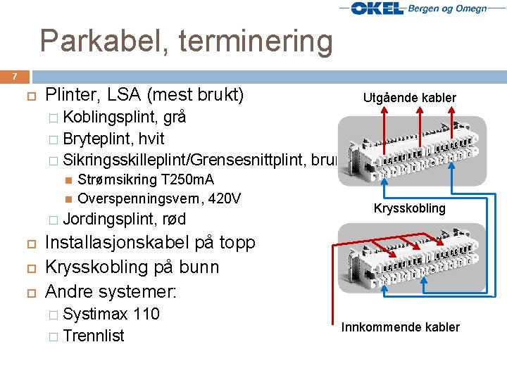 Parkabel, terminering 7 Plinter, LSA (mest brukt) Utgående kabler Koblingsplint, grå � Bryteplint, hvit