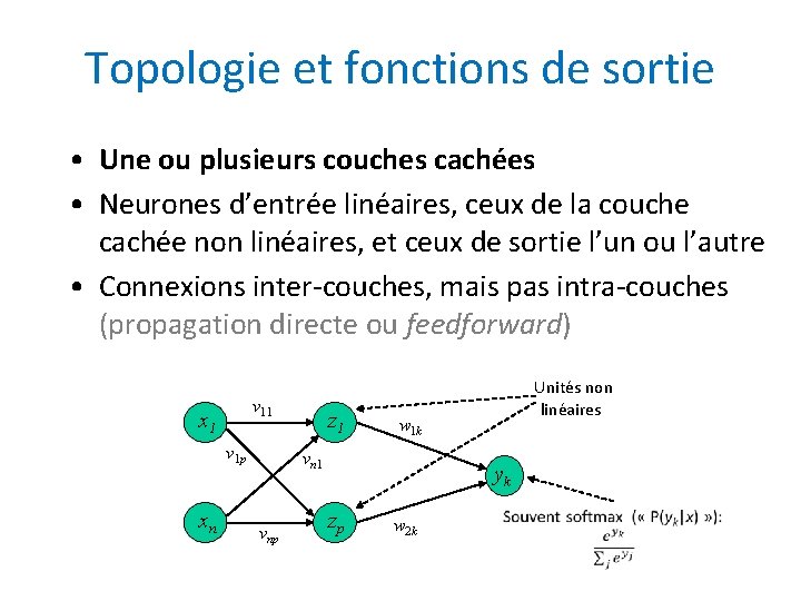 Topologie et fonctions de sortie • Une ou plusieurs couches cachées • Neurones d’entrée