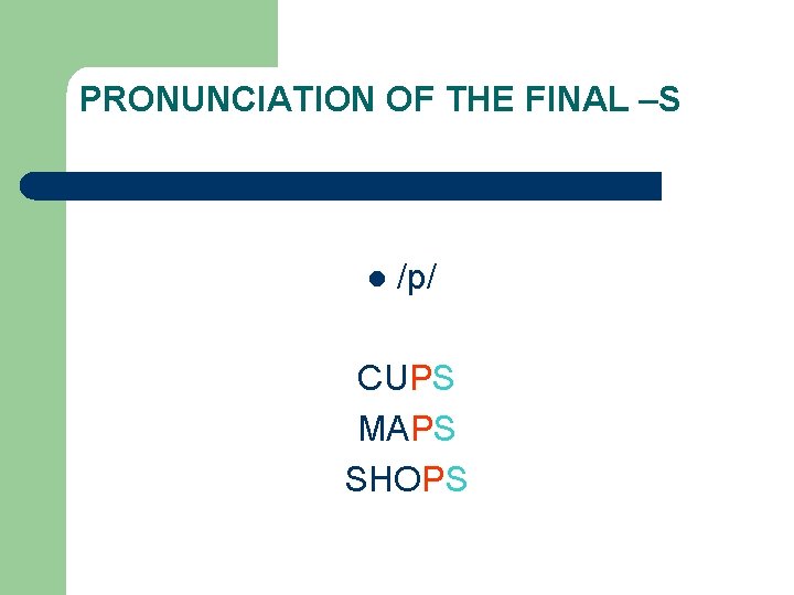 PRONUNCIATION OF THE FINAL –S l /p/ CUPS MAPS SHOPS 