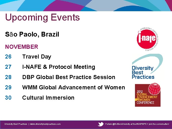 Upcoming Events São Paolo, Brazil NOVEMBER 26 Travel Day 27 I-NAFE & Protocol Meeting Upcoming Events São Paolo, Brazil NOVEMBER 26 Travel Day 27 I-NAFE & Protocol Meeting