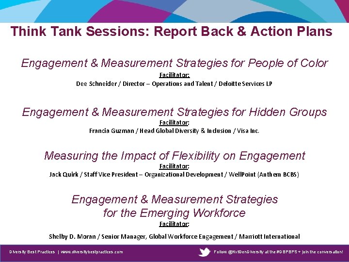 Think Tank Sessions: Report Back & Action Plans Engagement & Measurement Strategies for People