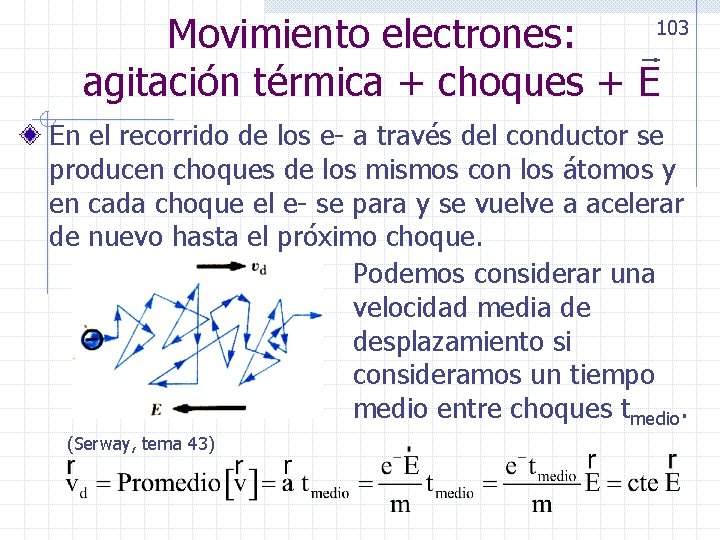 Movimiento electrones: agitación térmica + choques + E 103 En el recorrido de los