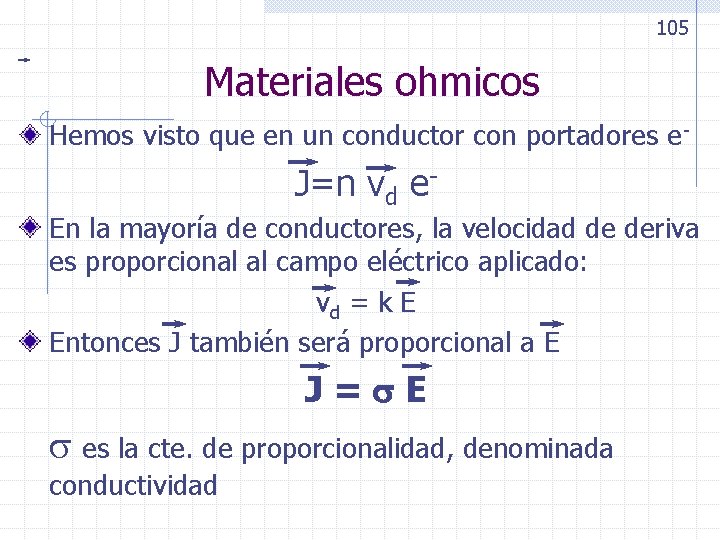 105 Materiales ohmicos Hemos visto que en un conductor con portadores e- J=n vd