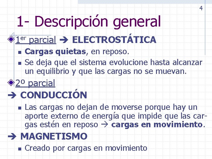 4 1 - Descripción general 1 er parcial ELECTROSTÁTICA n n Cargas quietas, en