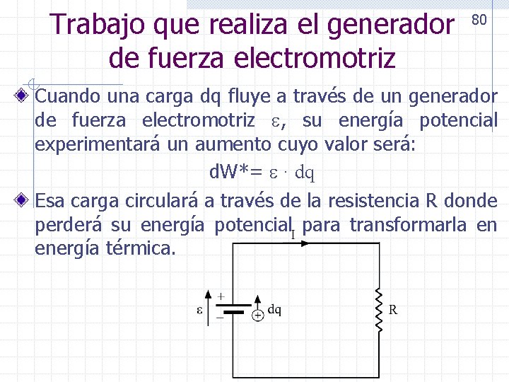 Trabajo que realiza el generador de fuerza electromotriz 80 Cuando una carga dq fluye