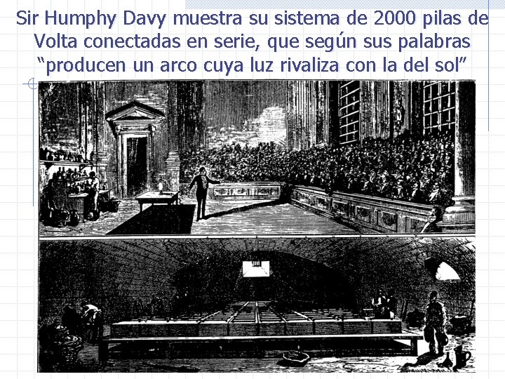 Sir Humphy Davy muestra su sistema de 2000 pilas de Volta conectadas en serie,
