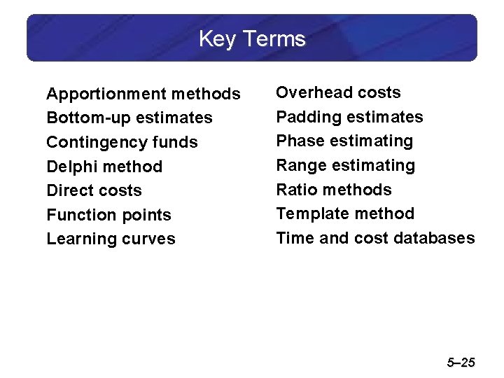 Key Terms Apportionment methods Bottom-up estimates Contingency funds Delphi method Direct costs Function points