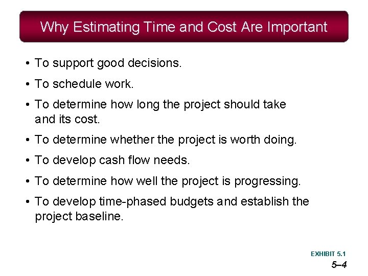 Why Estimating Time and Cost Are Important • To support good decisions. • To