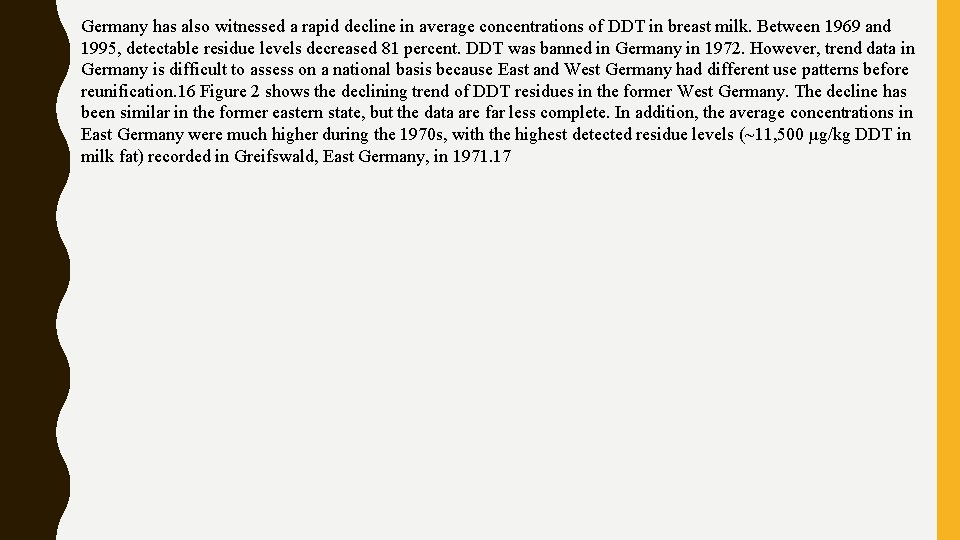 Germany has also witnessed a rapid decline in average concentrations of DDT in breast