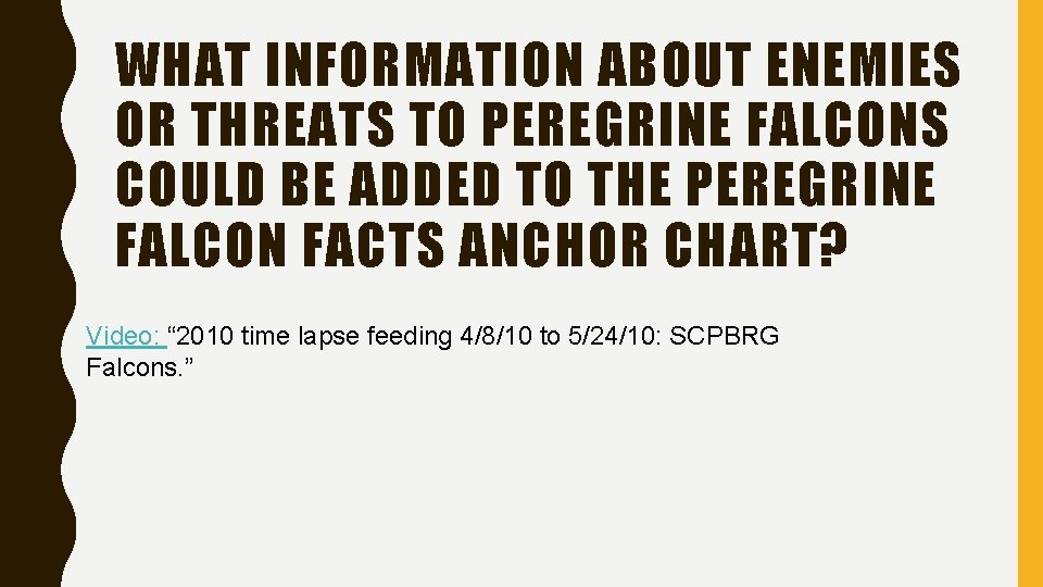 WHAT INFORMATION ABOUT ENEMIES OR THREATS TO PEREGRINE FALCONS COULD BE ADDED TO THE