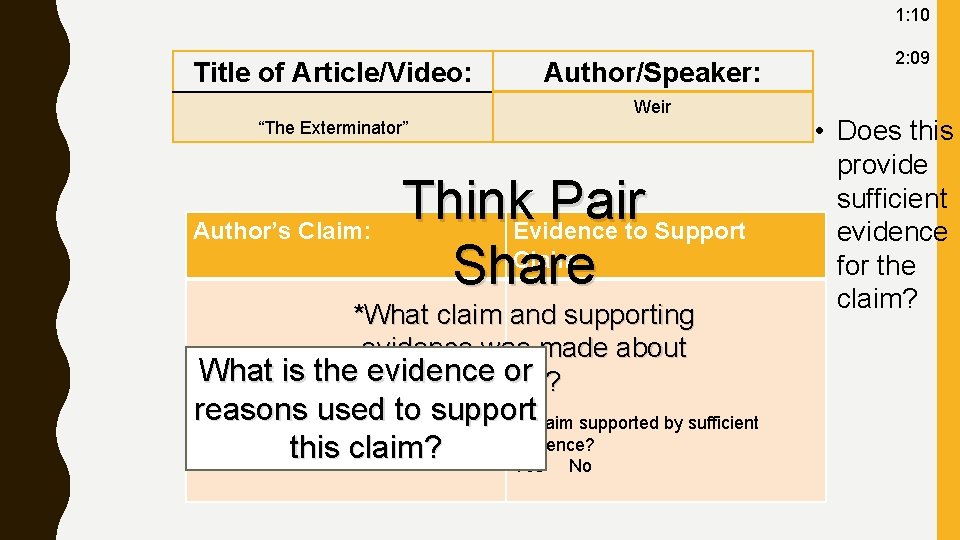 1: 10 Title of Article/Video: Author/Speaker: Weir “The Exterminator” Author’s Claim: Think Pair Evidence