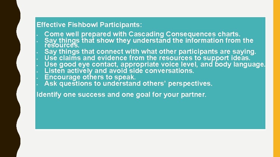 Effective Fishbowl Participants: • Come well prepared with Cascading Consequences charts. • Say things