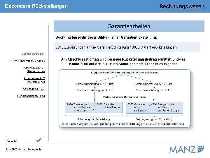 Rechnungswesen Besondere Rückstellungen Garantiearbeiten Buchung bei erstmaliger Bildung einer Garantierückstellung: 7810 Zuweisungen an die