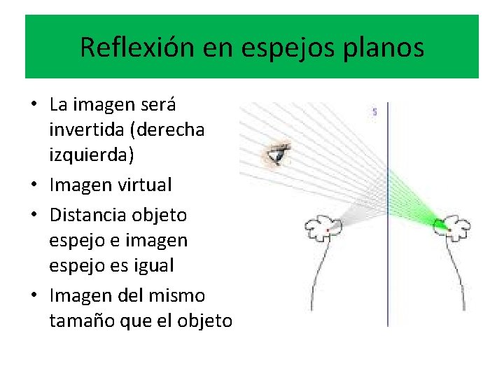 Reflexión en espejos planos • La imagen será invertida (derecha izquierda) • Imagen virtual