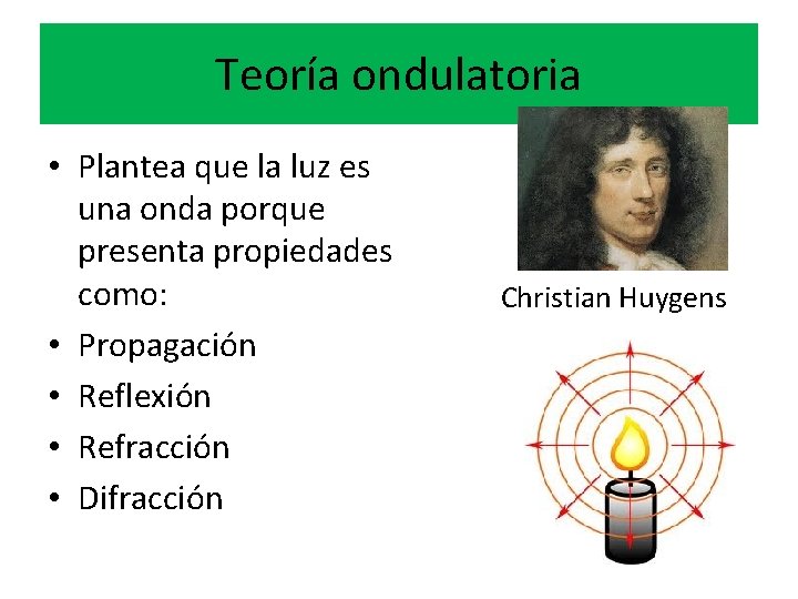Teoría ondulatoria • Plantea que la luz es una onda porque presenta propiedades como: