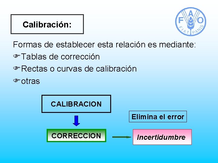 Calibración: Formas de establecer esta relación es mediante: FTablas de corrección FRectas o curvas