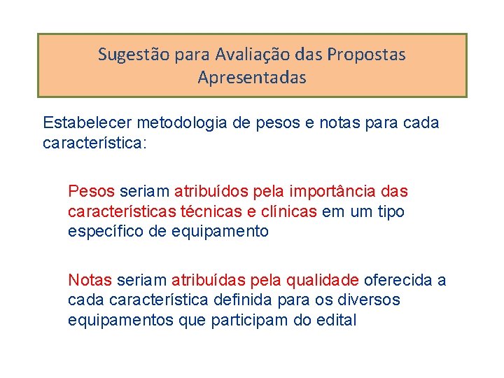 Sugestão para Avaliação das Propostas Apresentadas Estabelecer metodologia de pesos e notas para cada