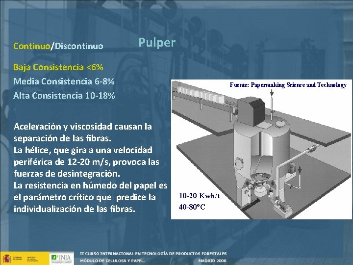 Continuo/Discontinuo Pulper Baja Consistencia <6% Media Consistencia 6 -8% Alta Consistencia 10 -18% Aceleración