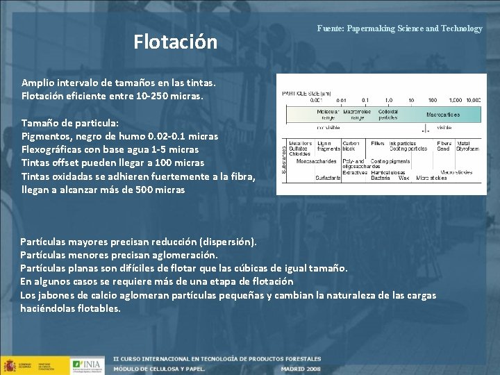 Flotación Fuente: Papermaking Science and Technology Amplio intervalo de tamaños en las tintas. Flotación