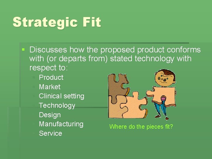 Strategic Fit § Discusses how the proposed product conforms with (or departs from) stated