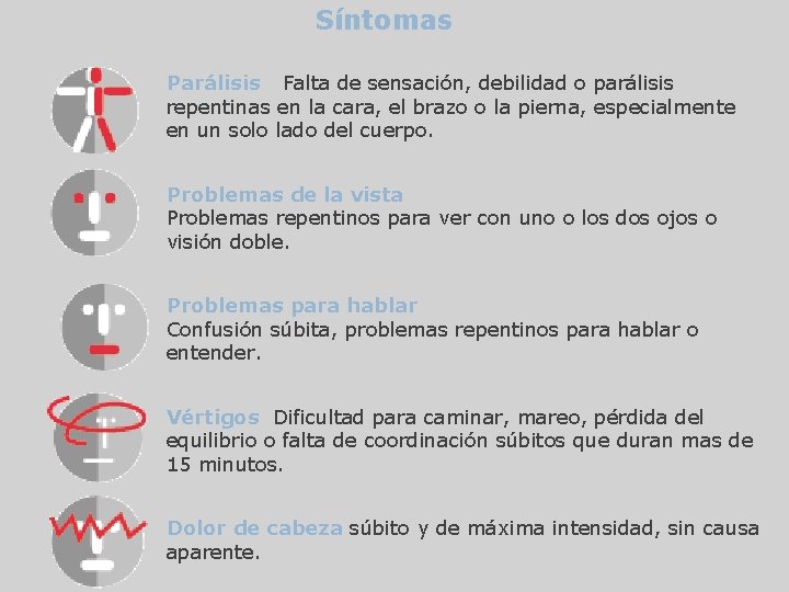 Síntomas Parálisis Falta de sensación, debilidad o parálisis repentinas en la cara, el brazo