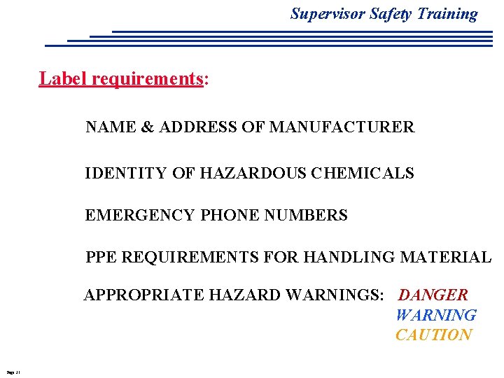 Supervisor Safety Training Label requirements: NAME & ADDRESS OF MANUFACTURER IDENTITY OF HAZARDOUS CHEMICALS