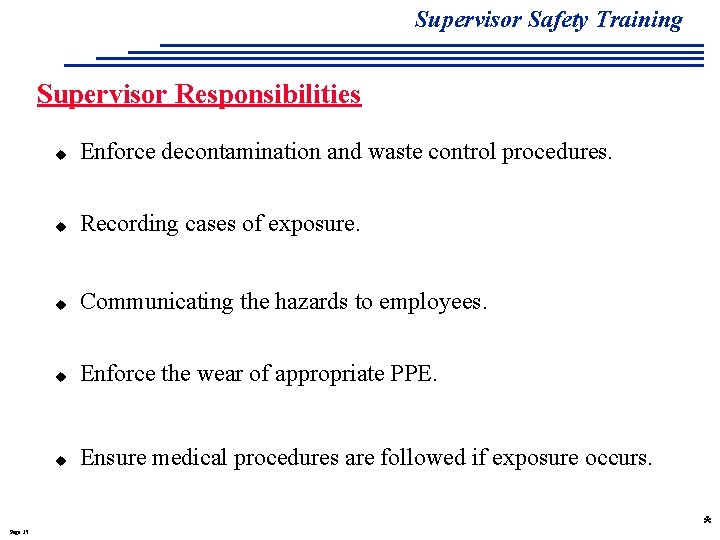 Supervisor Safety Training Supervisor Responsibilities Page 35 u Enforce decontamination and waste control procedures.