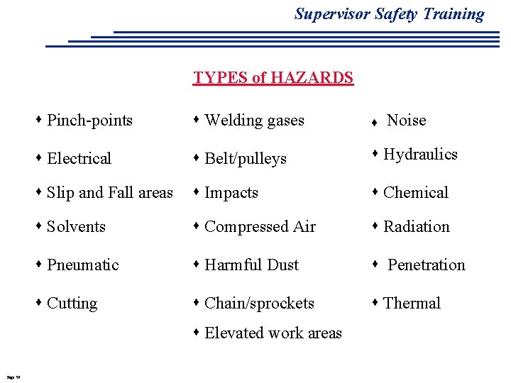 Supervisor Safety Training TYPES of HAZARDS s Pinch-points s Welding gases t s Electrical