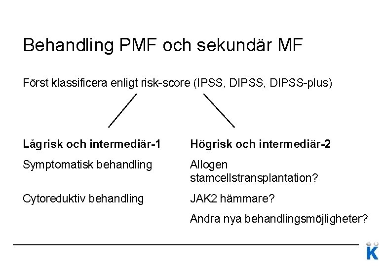 Behandling PMF och sekundär MF Först klassificera enligt risk-score (IPSS, DIPSS-plus) Lågrisk och intermediär-1