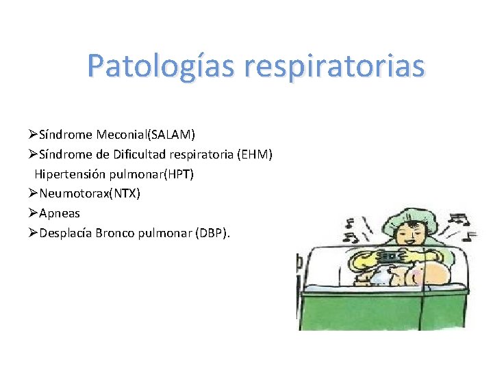 Patologías respiratorias ØSíndrome Meconial(SALAM) ØSíndrome de Dificultad respiratoria (EHM) Hipertensión pulmonar(HPT) ØNeumotorax(NTX) ØApneas ØDesplacía