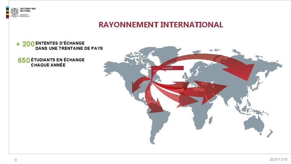 RAYONNEMENT INTERNATIONAL + 200 ENTENTES D’ÉCHANGE DANS UNE TRENTAINE DE PAYS 650 ÉTUDIANTS EN