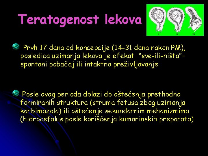 Teratogenost lekova Prvh 17 dana od koncepcije (14 -31 dana nakon PM), posledica uzimanja