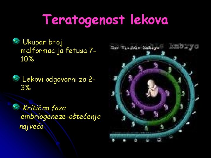 Teratogenost lekova Ukupan broj malformacija fetusa 710% Lekovi odgovorni za 23% Kritična faza embriogeneze-oštećenja