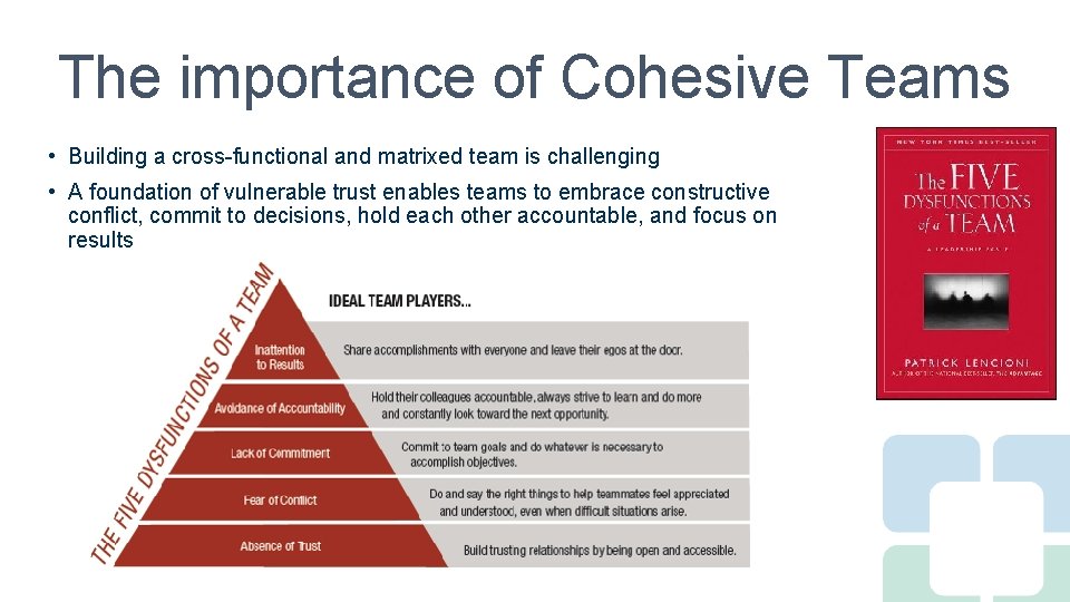 The importance of Cohesive Teams • Building a cross-functional and matrixed team is challenging