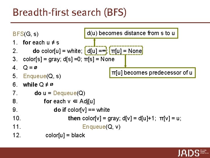 Breadth-first search (BFS) d(u) becomes distance from s to u BFS(G, s) 1. for