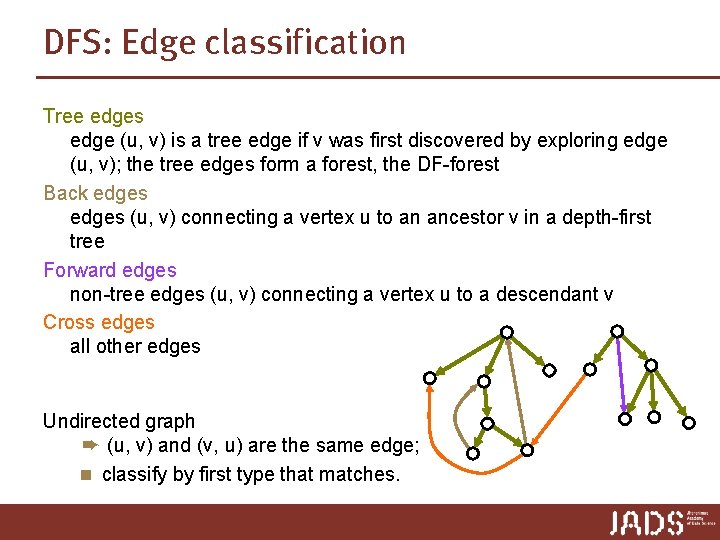 DFS: Edge classification Tree edges edge (u, v) is a tree edge if v