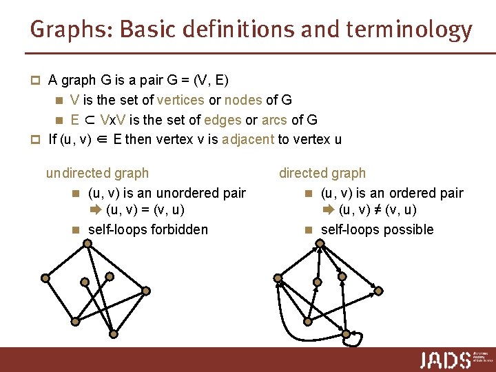 Graphs: Basic definitions and terminology p A graph G is a pair G =