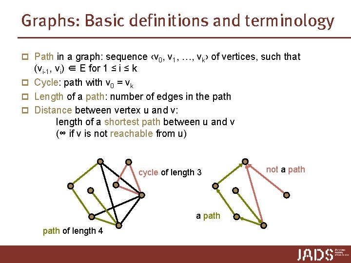 Graphs: Basic definitions and terminology p Path in a graph: sequence ‹v 0, v