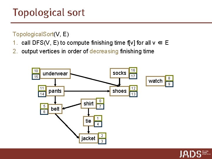 Topological sort Topological. Sort(V, E) 1. call DFS(V, E) to compute finishing time f[v]