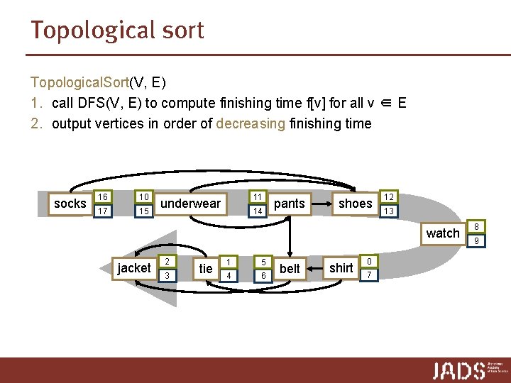 Topological sort Topological. Sort(V, E) 1. call DFS(V, E) to compute finishing time f[v]