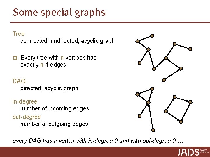 Some special graphs Tree connected, undirected, acyclic graph p Every tree with n vertices