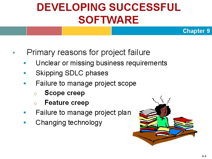 DEVELOPING SUCCESSFUL SOFTWARE Chapter 9 Primary reasons for project failure • § § §