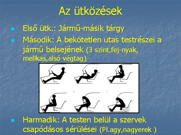 Az ütközések n n Első ütk. : Jármű-másik tárgy Második: A bekötetlen utas testrészei